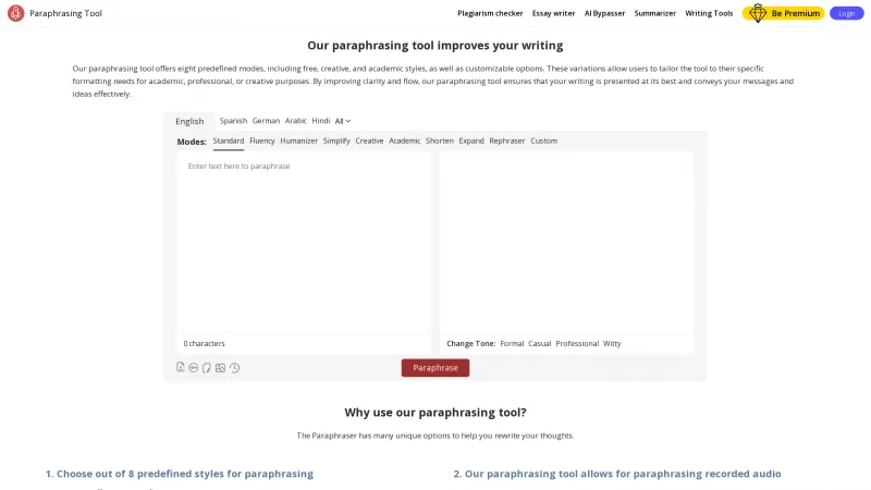 Homepage of Paraphrasing Tool AI