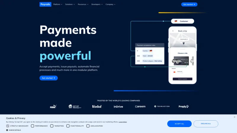 Homepage of Payrails