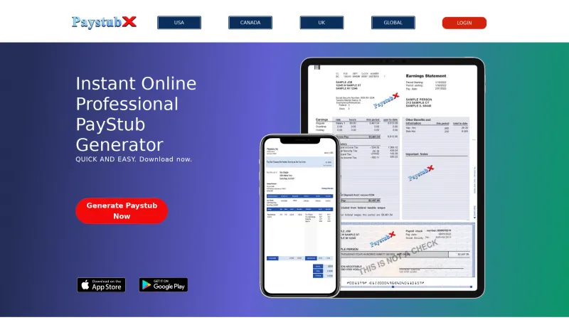 Homepage of PaystubX