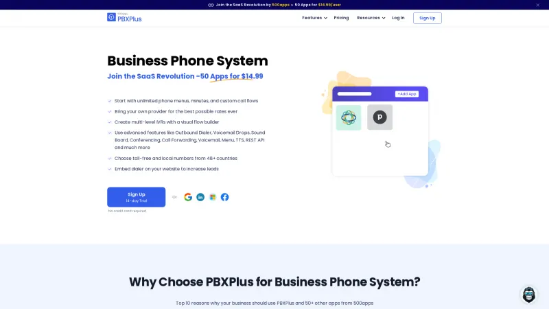 Homepage of PBXPlus by 500apps