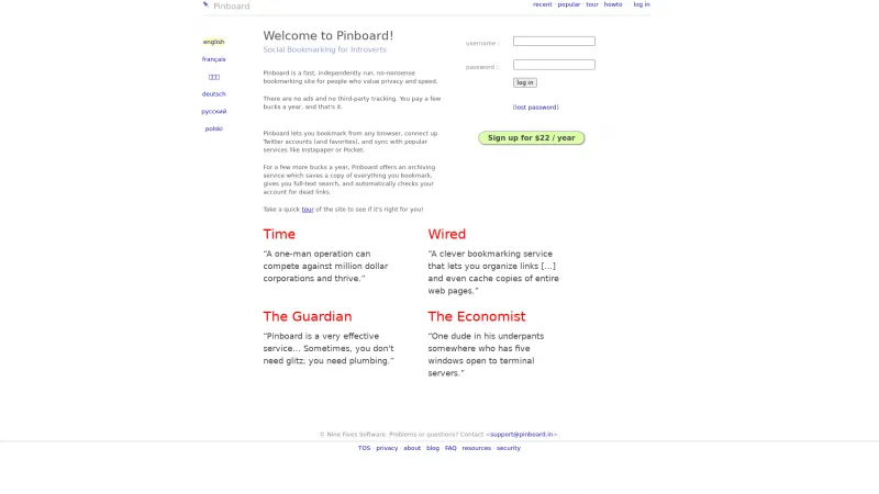 Homepage of Pinboard