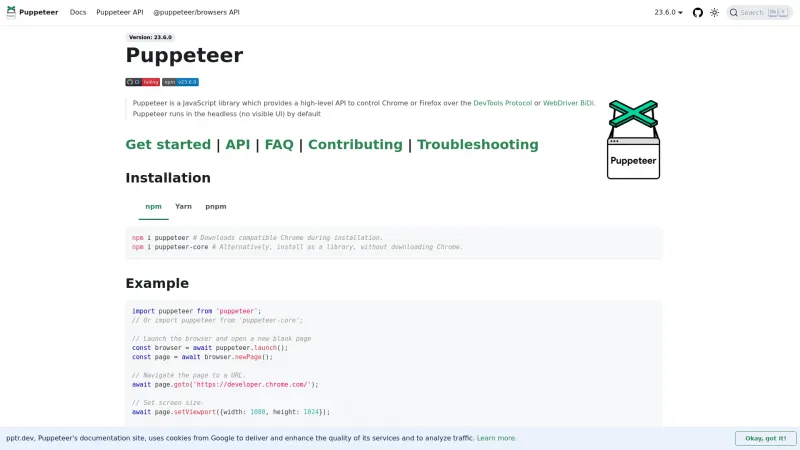 Homepage of Puppeteer