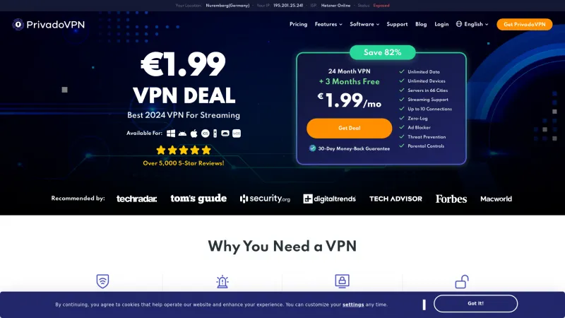 Homepage of PrivadoVPN