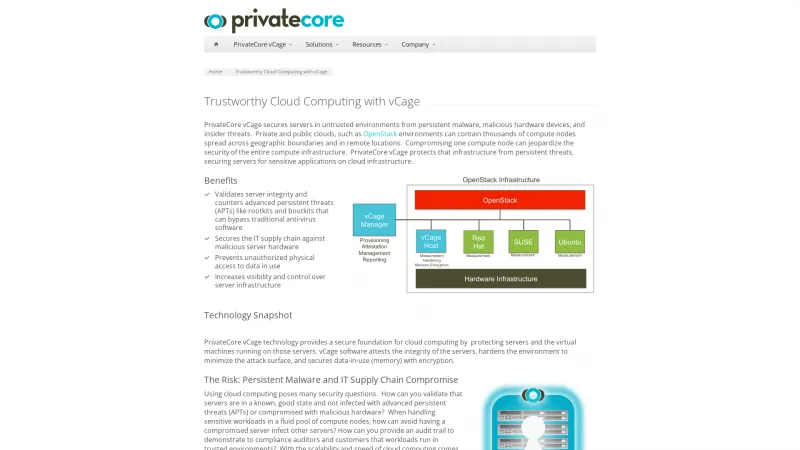 Homepage of PrivateCore vCage