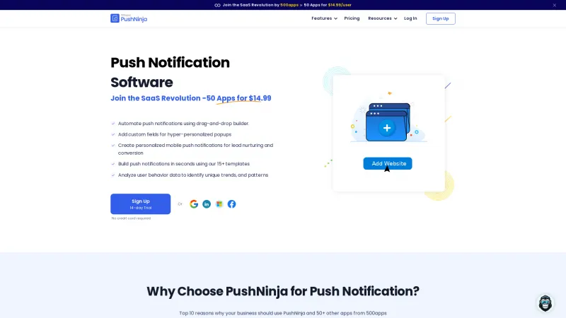 Homepage of PushNinja by 500apps