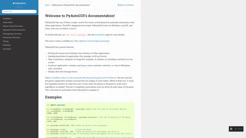 Homepage of PyAutoGUI