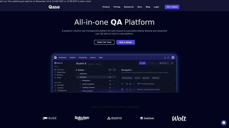 Homepage of Qase