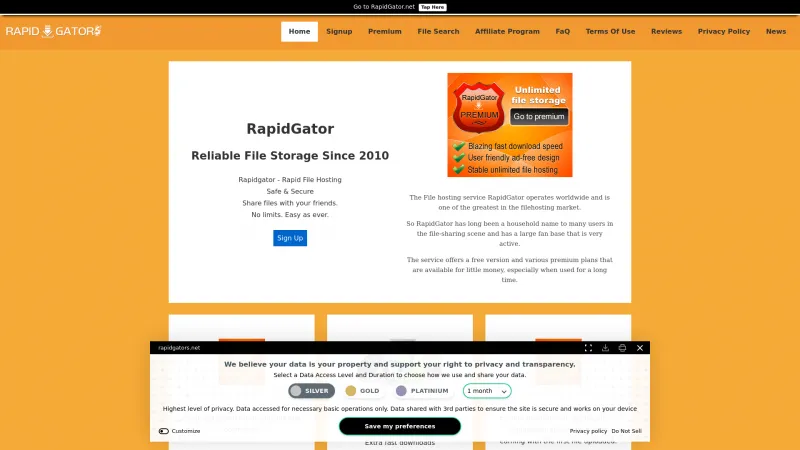 Homepage of RapidGator