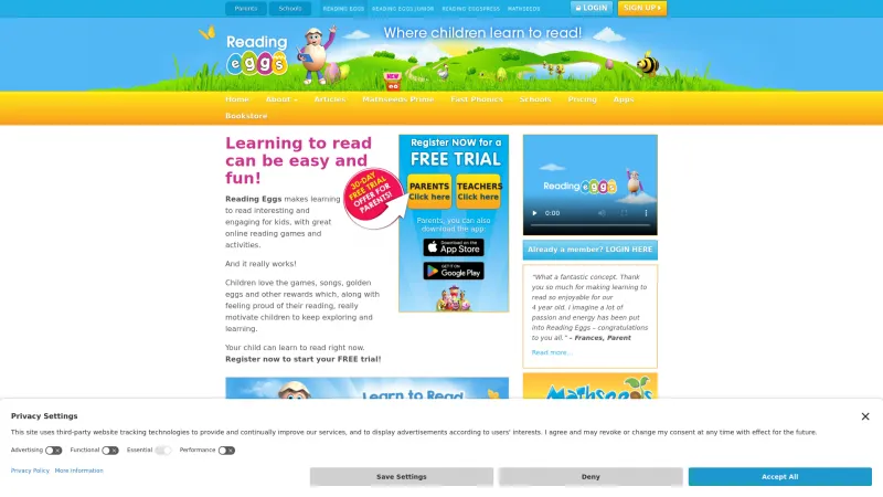 Homepage of Reading Eggs