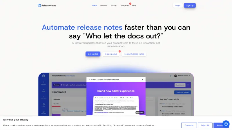 Homepage of ReleaseNotes.io