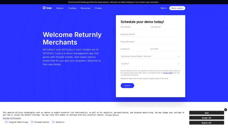 Homepage of Returnly