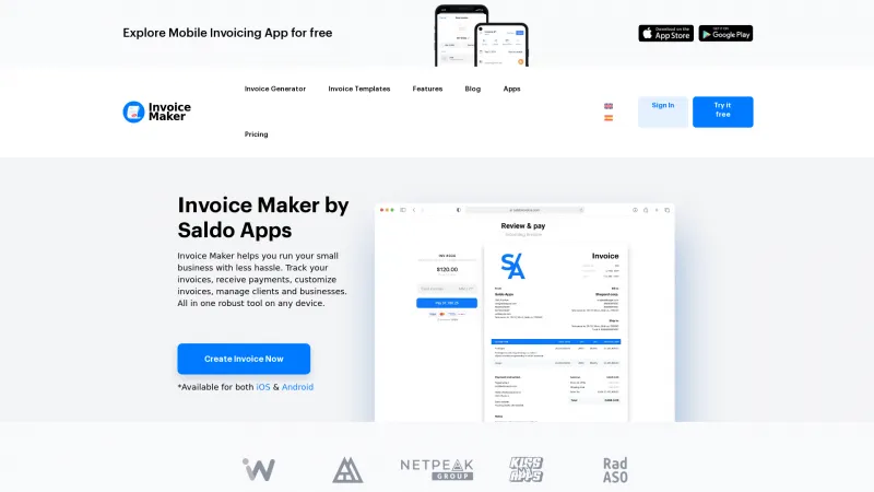 Homepage of Invoice Maker by Saldo Apps