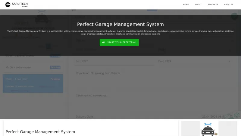 Homepage of Perfect Garage Management System