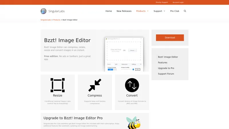 Homepage of Bzzt! Image Editor