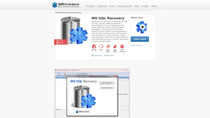 Homepage of SoftAmbulance MS-SQL Recovery