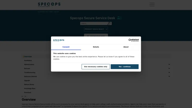 Homepage of Specops Secure Service Desk