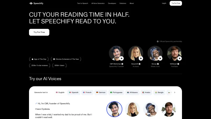 Homepage of Speechify