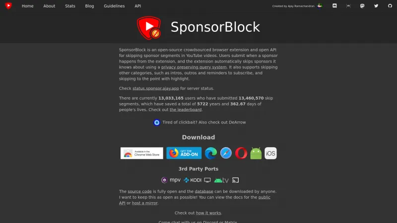 Homepage of SponsorBlock