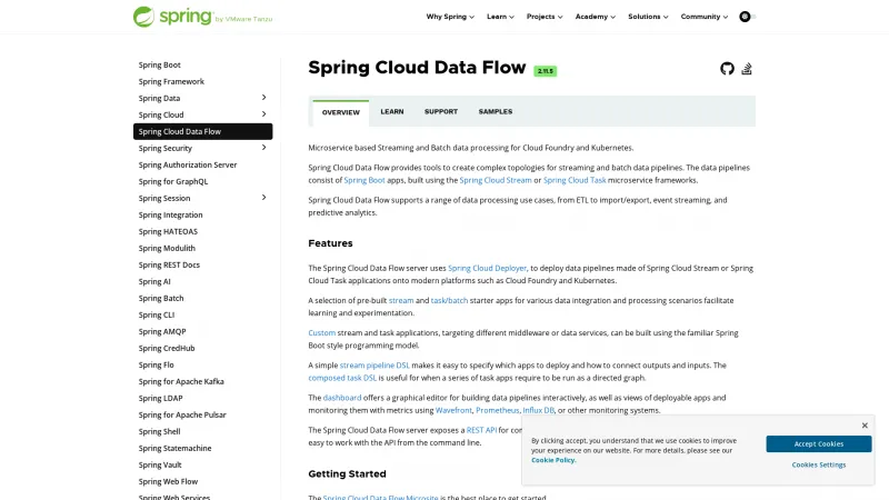 Homepage of Spring Cloud Data Flow