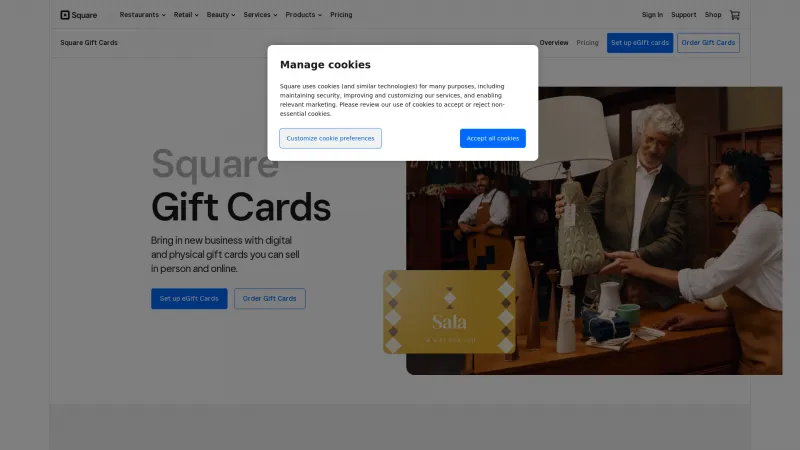 Homepage of Square Gift Cards