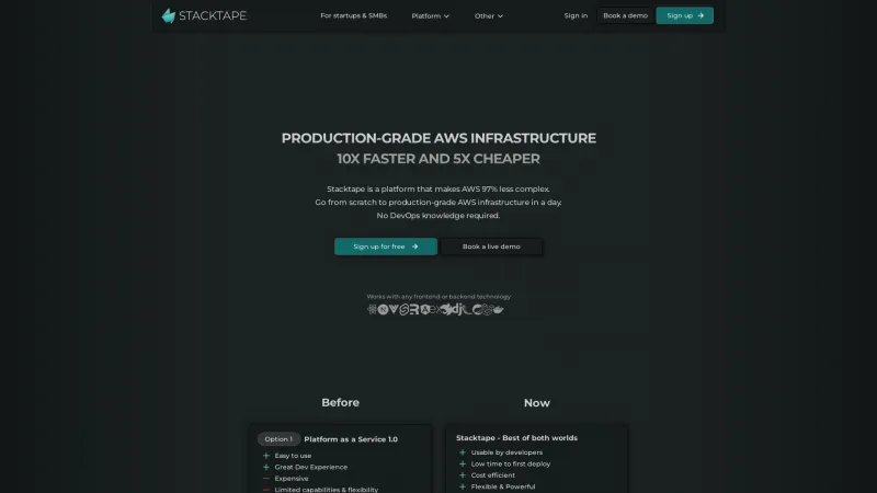 Homepage of Stacktape