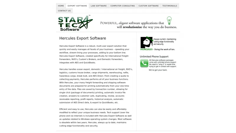 Homepage of Hercules Export Software