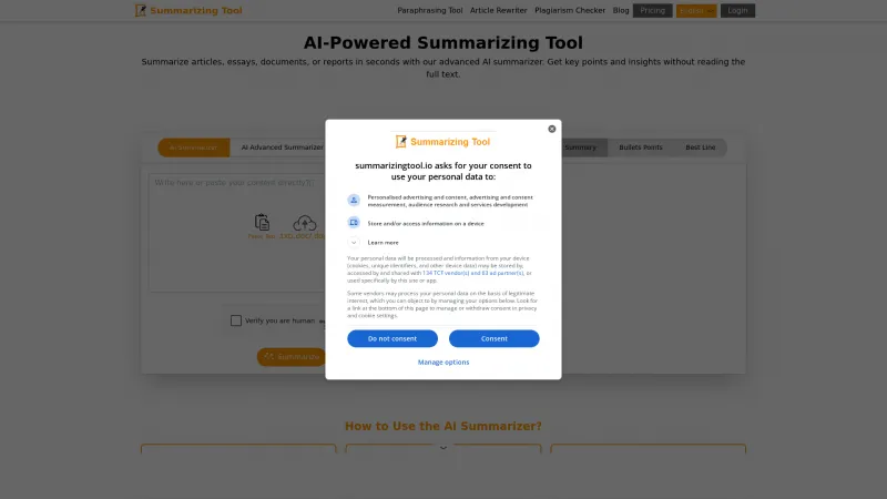 Homepage of Summarizingtool.io