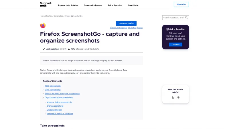 Homepage of Firefox ScreenshotGo