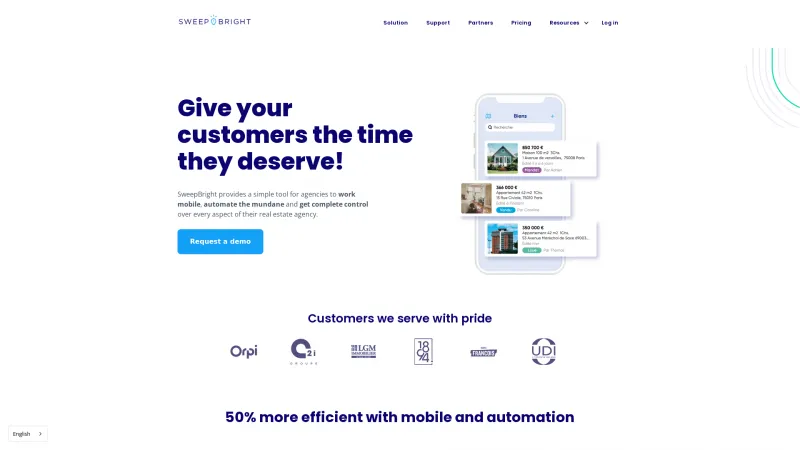 Homepage of SweepBright