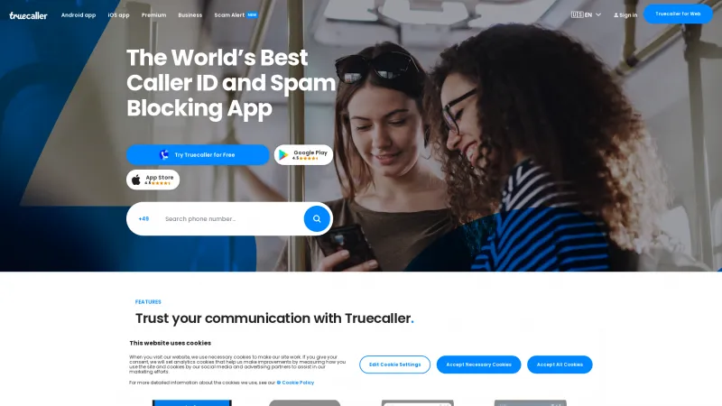 Homepage of Truecaller