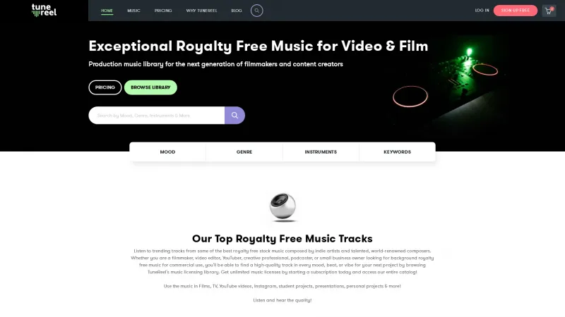 Homepage of TuneReel