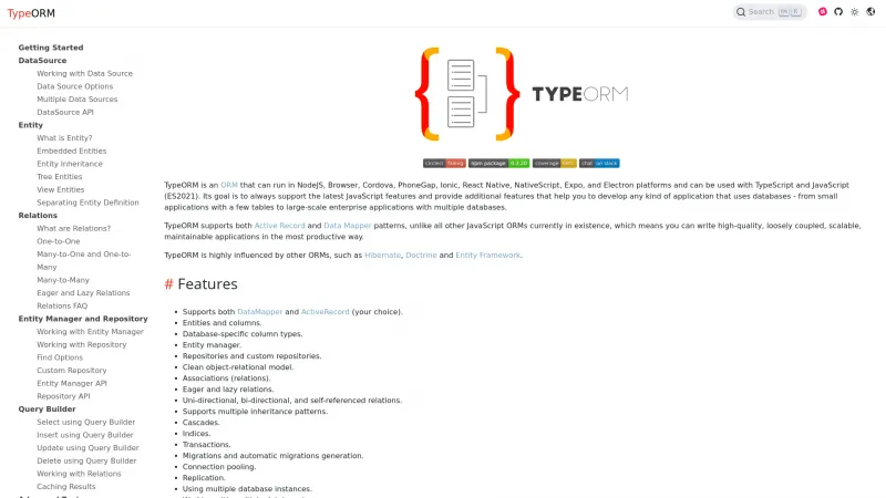 Homepage of TypeORM