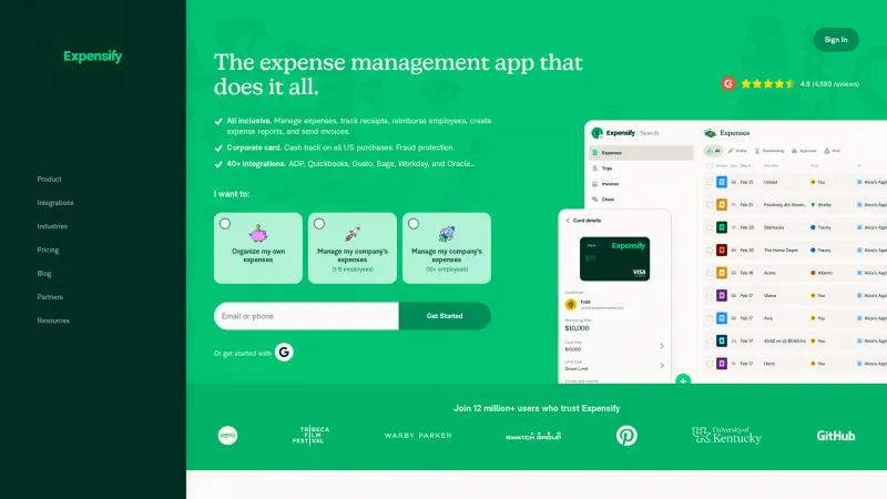 Homepage of Expensify