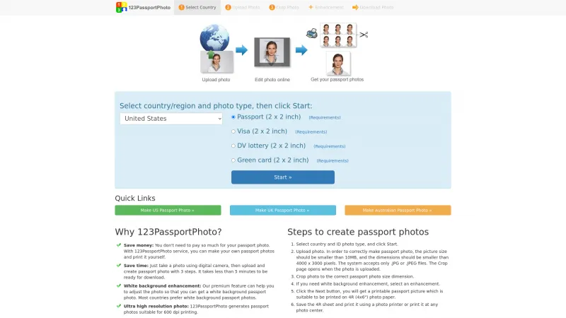 Homepage of 123PassportPhoto