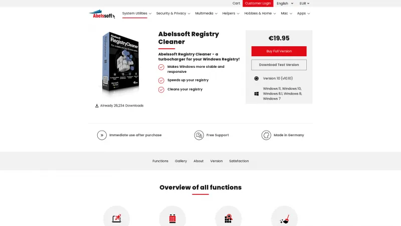 Homepage of Abelssoft Registry Cleaner