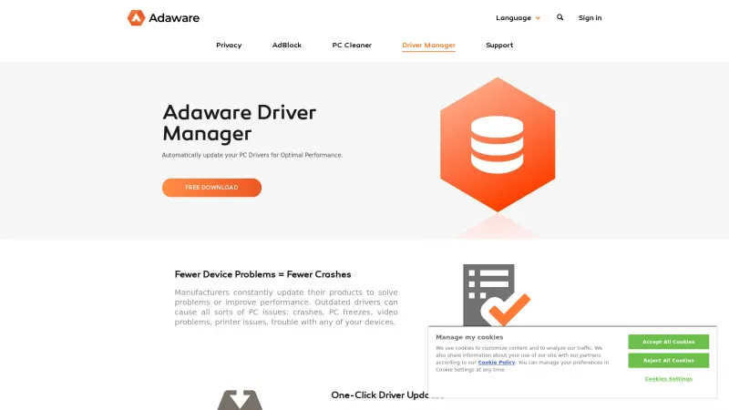 Homepage of Adaware Driver Manager