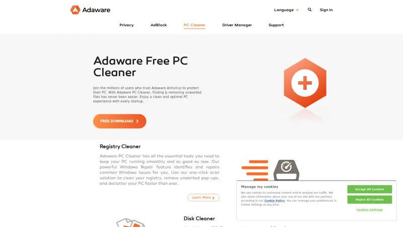 Homepage of Adaware PC Cleaner