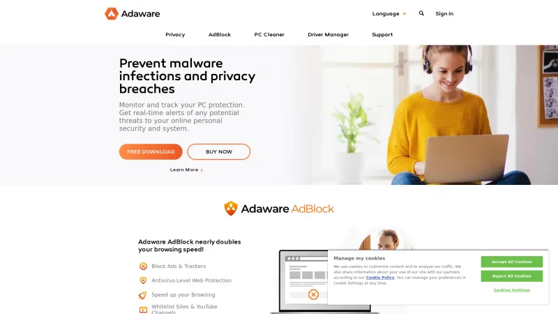 Homepage of Adaware Protect