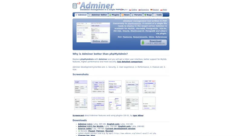 Homepage of Adminer