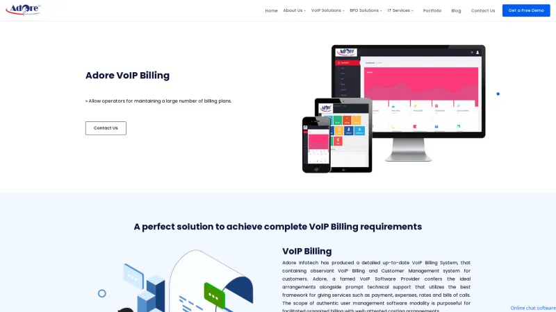 Homepage of Adore VOIP Billing