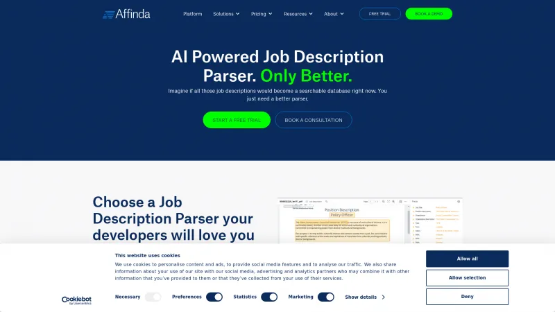 Homepage of Affinda Job Description Parser