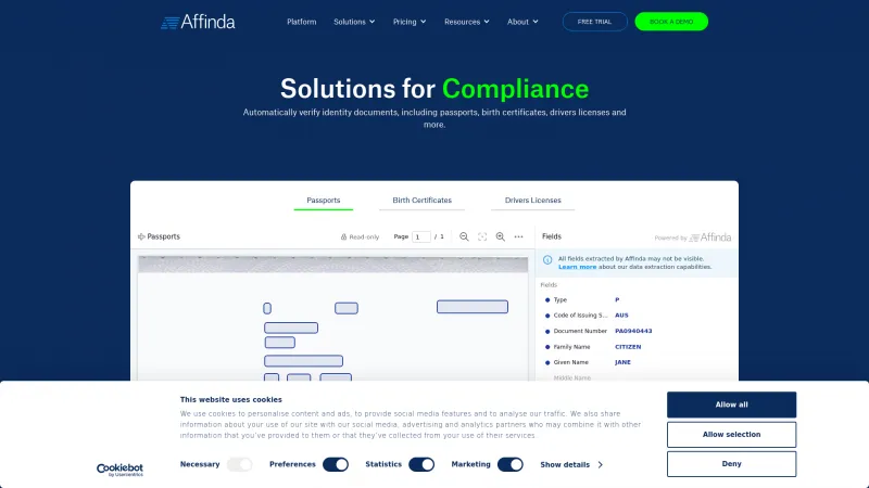 Homepage of Affinda Compliance AI