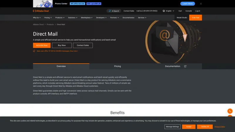 Homepage of Alibaba Cloud Direct Mail