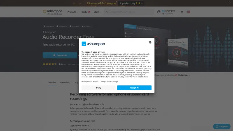 Homepage of Ashampoo Audio Recorder Free