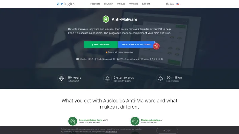 Homepage of Auslogics Anti-Malware