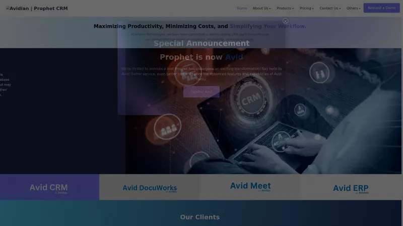 Homepage of Avidian Prophet CRM