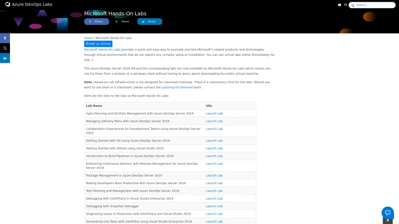 Homepage of Microsoft Hands-On Labs
