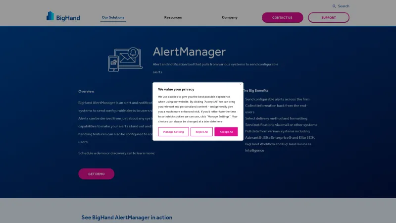 Homepage of BigHand AlertManager