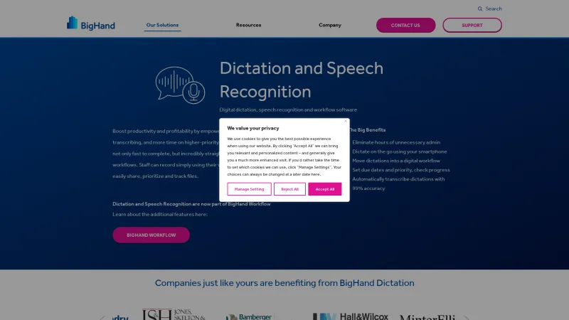 Homepage of BigHand Dictation and Speech Recognition