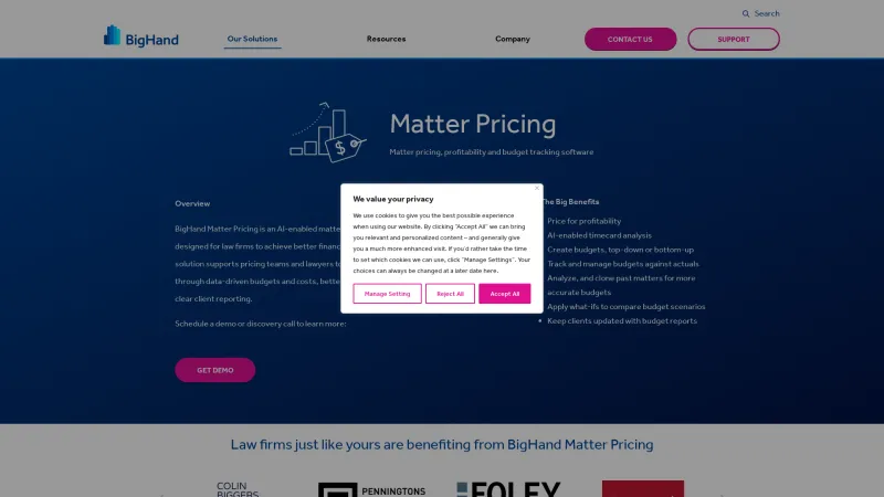 Homepage of BigHand Matter Pricing